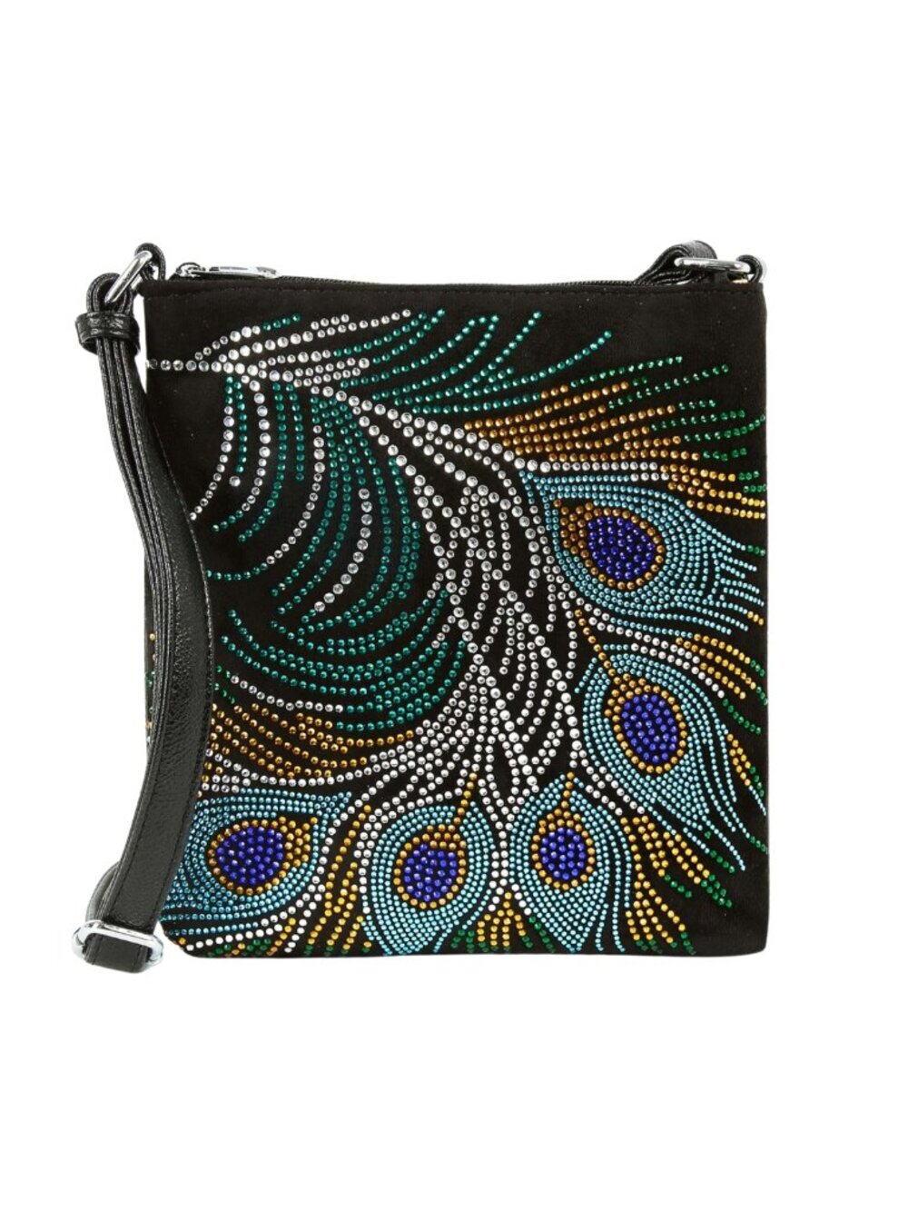 Black Rhinestone Peacock Feather Faux Leather Crossbody Sling Description: